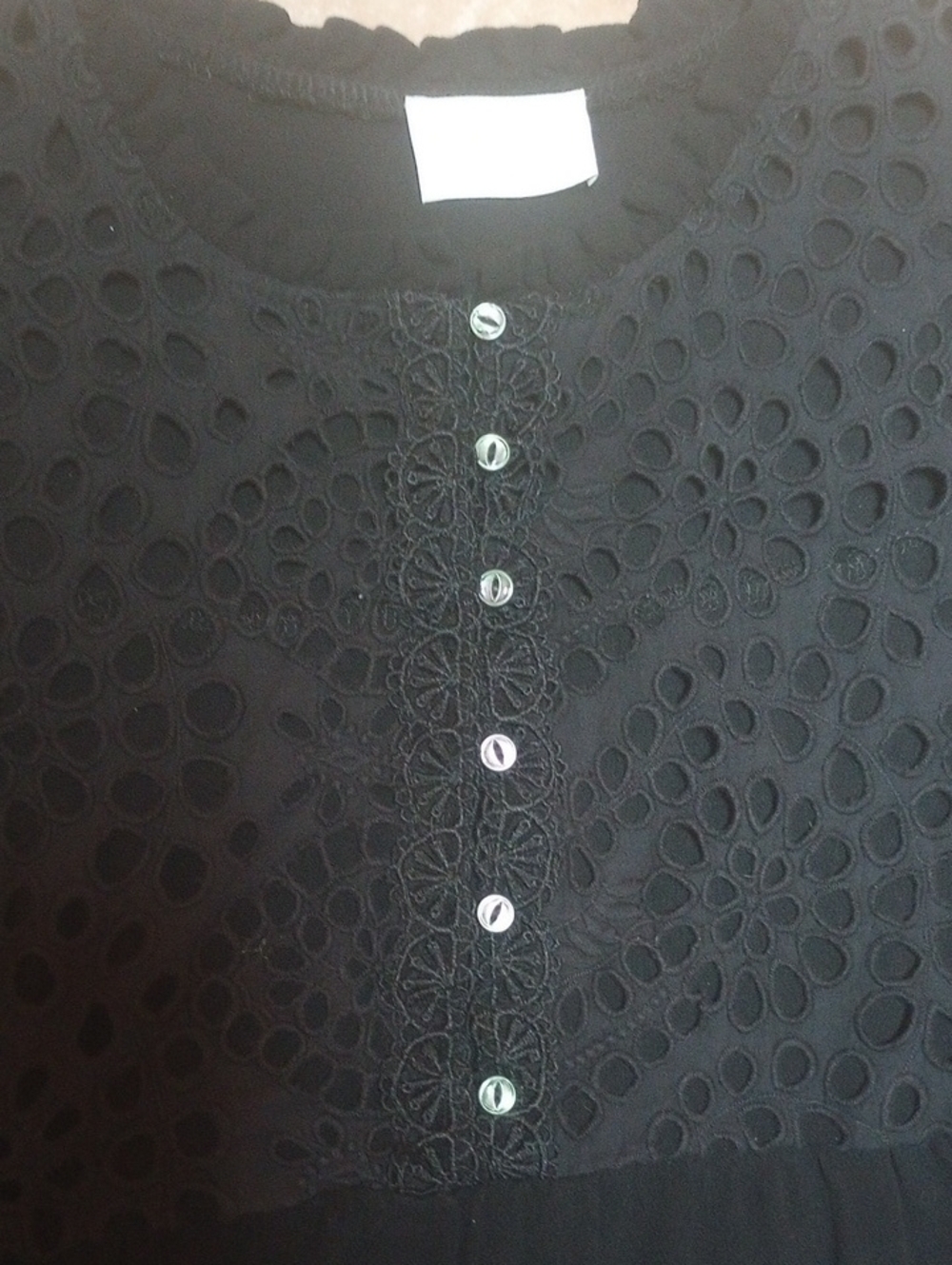 Black Eyelet Yoke Tunic Blouse with Button Front - Picture 7 of 8